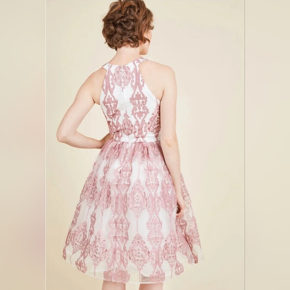 Chi Chi London NEW Pink Halter Dress Tulle Embroidered Overlay Damask Size 16 - Picture 2 of 16